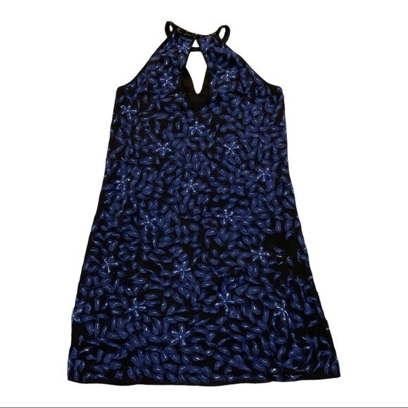 Parker Black Abstract Embellished Mini Halter Cocktail Dress 2 Black Blue Floral - Picture 2 of 9
